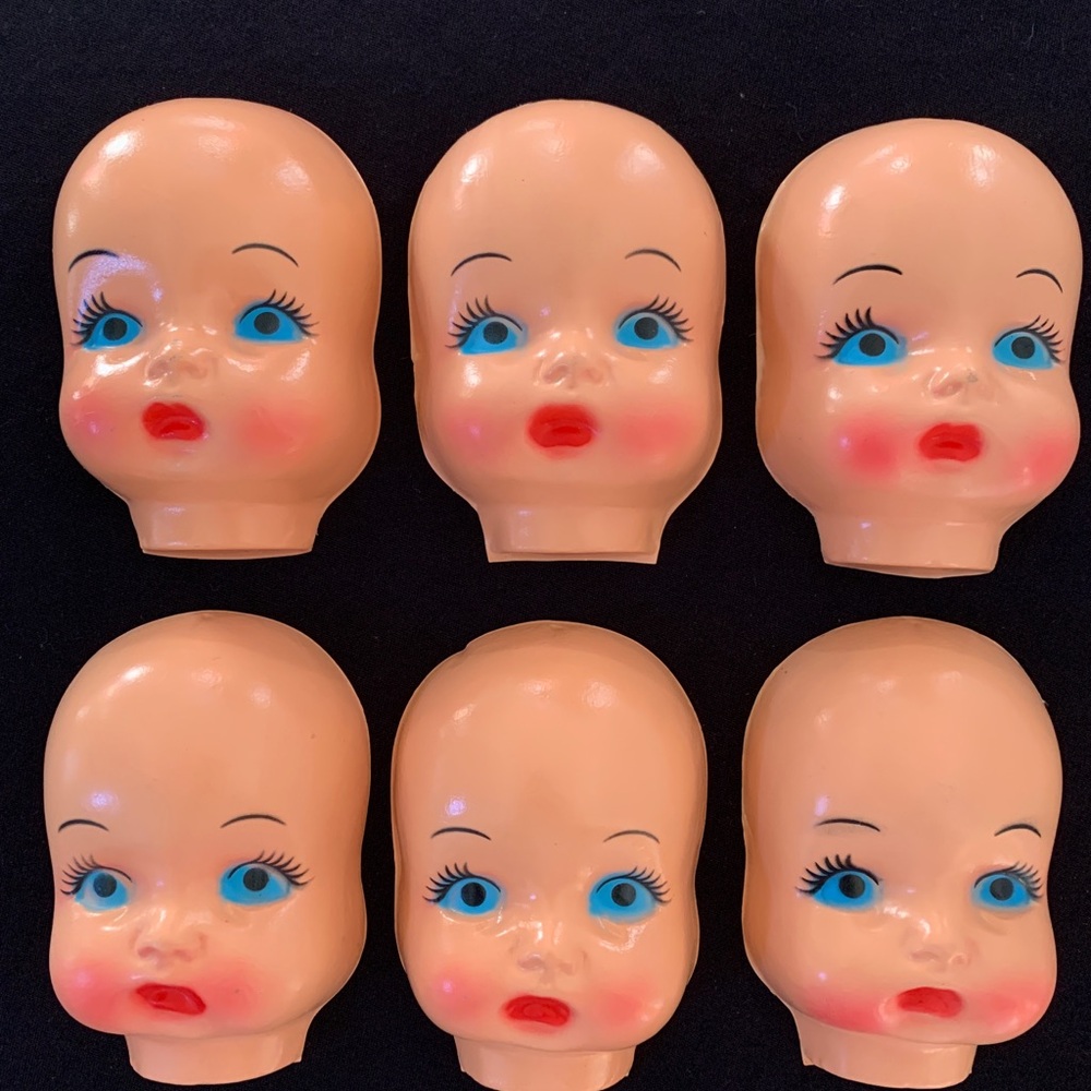 Vintage Lot MCM Celluloid Plastic Half Doll Heads Faces Blue Eyes Red Lips 4.5”